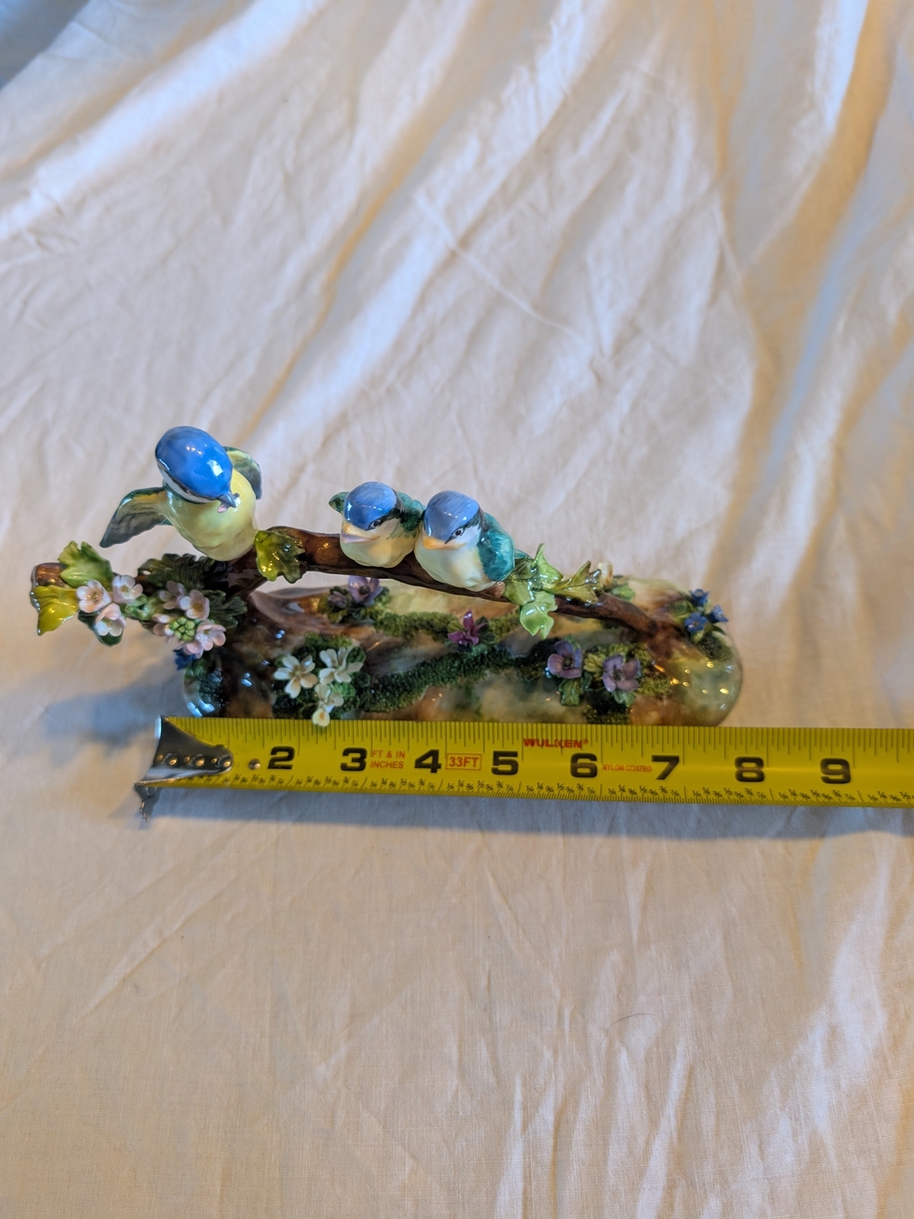 Blue and Yellow Ceramic Bird Figurine Trio on Branch - Decorative Home Accent - Picture 9 of 10